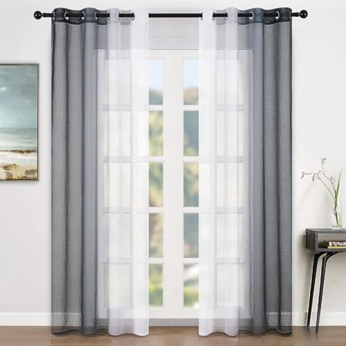 Topfinel Tende per Interni Voile Gradiente in Lino Tende Camera da Letto Moderna con Occhielli Tende Nero Semitrasparenti per Soggirono Tenda Trasparente Leggera per Finestra 140x260 CM-2 Pezzi