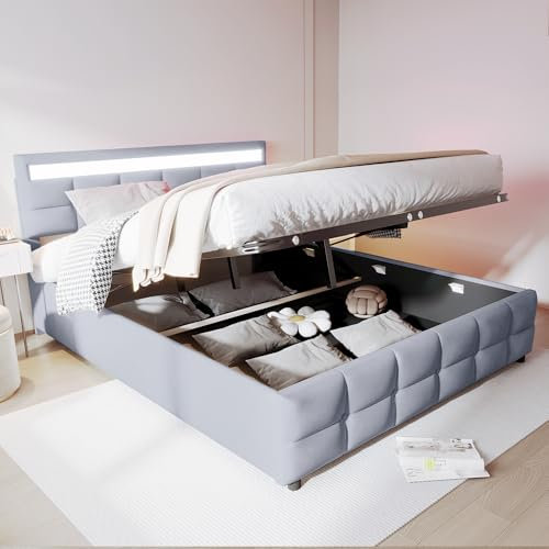 Gegtuon Polsterbett Bett 180x200, Doppelbett mit LED-Licht & Hydraulisch Stauraum Underbett, Stauraumbett Funktionsbett Jugendbett mit Kopfteil & Lattenrost für Schlafzimmer, ohne Matratze, Samt, Grau