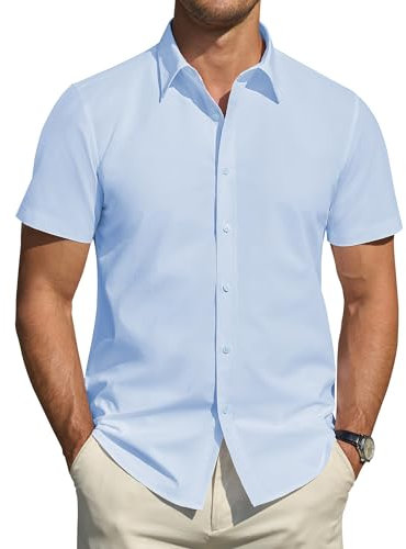 J.VER Mens Short Sleeved Shirts Formal Stain Shield Stretch No Iron Regular Fit Fashion Summer Casual Work Wedding Button Down Shirt Blue XL