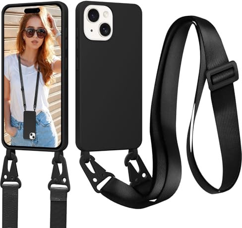 Woijrly Handykette Hülle für iPhone 15 mit Band, Necklace Handyhülle mit Kordel zum Umhängen Verstellbarer Nylon Lanyard, Stoßfest Schutzhülle Weich Silikon Case für iPhone 15 mit Schnur, Schwarz
