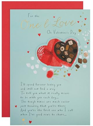 Hallmark Valentines Day Card for One I Love, Heart Shaped Chocolates, Green | Includes Red Envelope, Measures H22.8cm by W15.9cm, Box with Metallic Gold Foil, Die-Cut 3D Attachment, Fully Recyclable