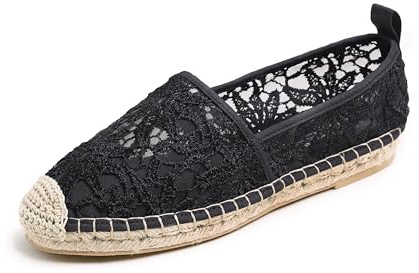 Feversole Espadrilles für Damen & Herren Freizeitschuhe Flache-Schuhe Leinenschuhe Sneaker Damen-Slip-On Schwarz mit Spitze Mesh Jute 39 EU