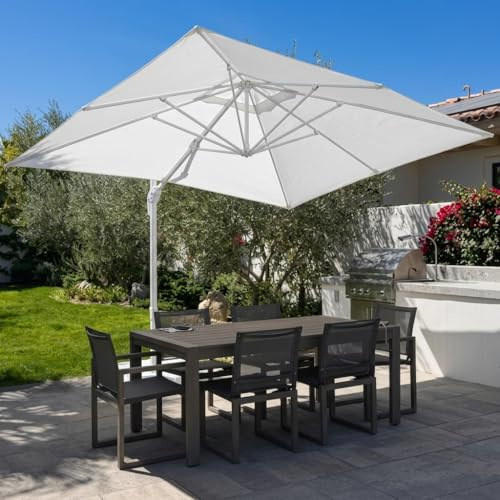 PURPLE LEAF Parasol Déporté 2,7 x 3,5 m Blanc Mât Alu Blanc Pied Inclus