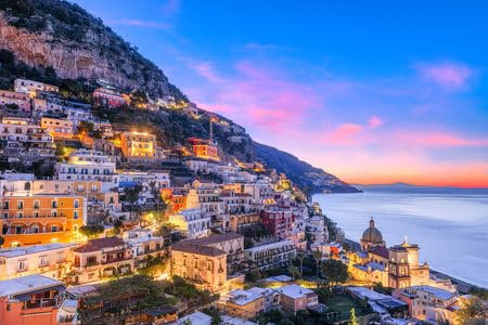 adrium Acryl-Bild 110 x 70 cm: Positano, Italien entlang der Amalfiküste in der Abenddämmerung. (205374446)