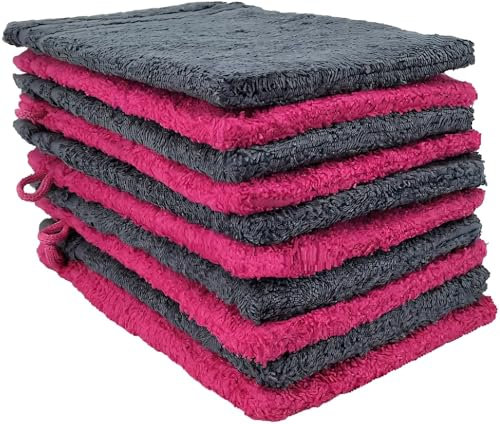 kidparadise Gants de Toilette 14 x 22 cm - Coton - Lot de 10 Gants (Gris/Fushia)