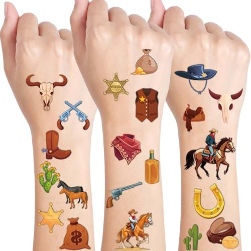 Qpout 10 Blätter Cowboy Temporäre Tattoos Western Pferd Rodeo Hüte Stiefel Gesicht Fake Tattoos, Jungen Cowboy Pferd Aufkleber Cowboy Party Favors