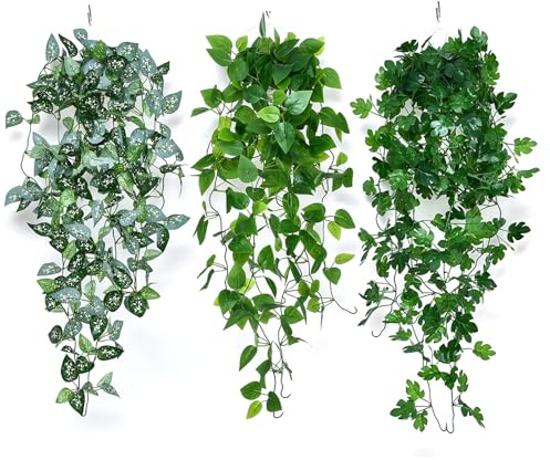 3 Stück Kunstpflanze Hängend, Hängend Künstliche Pflanzen 100cm Gefälschte Efeu Künstliche Pflanzen Rebe Grünpflanze, Balkonpflanzen Plastikpflanzen für Indoor Outdoor Garten Wanddekoration (A)