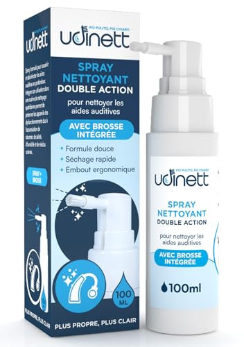 Spray Nettoyant pour Appareils Auditifs avec Brosse Udinett 100ml Assainissant pour Écouteurs Bluetooth Formule Sans Alcool Élimine le Cérumen la Saleté et les Bactéries