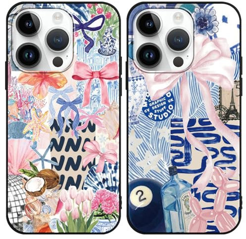 Phoona 2 Pack Cute Bow Case for iPhone 16 Pro 6.3, European Collage Preppy Summer Girly Design Pattern for Girls Women, Slim Soft Silicone Shockproof Bumper Protector Cover, Blue 01