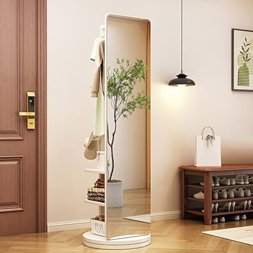 Miroir Intégral Rotatif, Miroir Pleine Longueur en Bois Rotatif à 360° avec Portemanteau, Miroirs Debout 2 en 1 avec Porte-vêtements, pour Vestiaire de Chambre à Coucher de Salon, 65,7 * 15,7 pouces