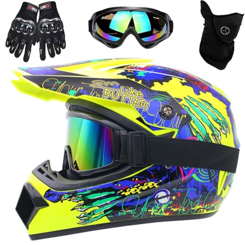 Motorradhelm, DOT-Zertifizierter Integralhelm für Dirtbikes, für Kinder, Jugendliche und Erwachsene, Motocross-Helm Mit Maske, Schutzbrille und Handschuhen