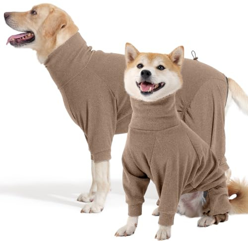 Hjyokuso Hundemantel Winter, Warmer Fleece Hundepullover mit Beinen, Weiche Vierbeinige Hundejacke für Kleine & Mittelgroße Hunde, Hundebademantel Fleece Hunde Pyjama Bekleidung Braun M