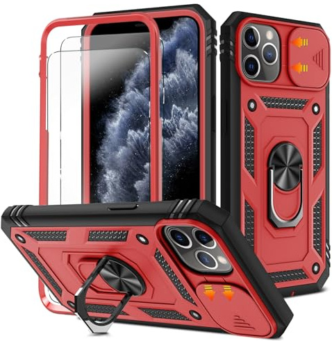 HpulaCase for iphone 11 Pro Case with Camera Cover Slider, 2*Screen Protectors,Build in 360°Rotating Ring Kickstand, Military Grade Protective Case for iphone 11 Pro 5.8-Black/Red