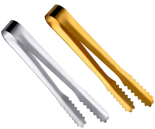 2 Pcs Gold Mini Serving Tongs — Stainless Steel Ice Tongs for Icing, Sugar, Buffet, Grill, Kitchen, Bar, Appetizers, Biscuit, Candy, and Ice Bucket, Reusable Food Clip for Daily Use