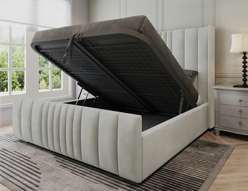 Furnishion Manhattan King Size Bed Frame with Storage, Modern Velvet Ottoman King Size Beds with storage, Luxury Panelled Frame with Metal Mesh Base & 48 Headboard, Storage Bed in Silver Plush