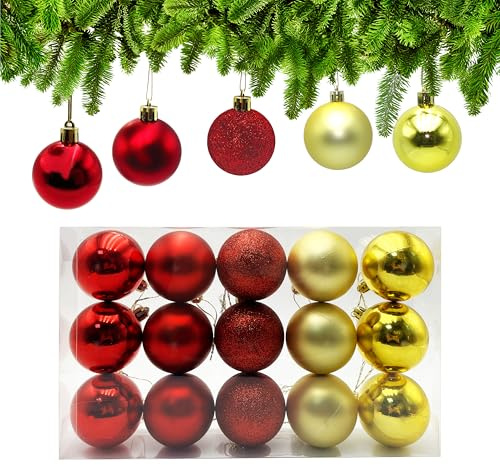 15tlg Weihnachtskugeln Rot Gold ∅ 6cm, Christbaumkugeln Plastik, Weihnachtsbaumschmuck mit Aufhängeband, Christbaumschmuck, Weihnachtsbaum Deko für Drinnen & Draußen (6 Gold + 9 Rot)