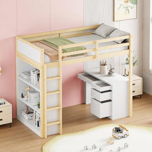 RIAZOS Kinderbett 90x200 cm, Hochbett mit Schreibtisch und Schrank, Tisch mit 4 Stauschublade, Etagenbett, Bettgestell mit Lattenrost, Natur, ohne Matratze