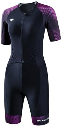 MY KILOMETRE Traje de Triatlón para Mujer Manga Corta – Trisuit con Cremallera Completa y 2 Bolsillos Traseros Reflectantes Secado Rápido UPF50+ Trasero para Natación, Ciclismo y Carrera(Naranja S)