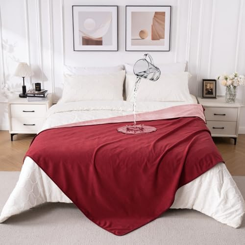 QIYI Reversible Waterproof Blanket for Bed/Sofa, 150x200cm, Burgundy/Pink | Washable Fleece Throw Blanket King Size, Leakproof Bed Cover, Stain Resistant Furniture Protector for Pets Dogs Cats