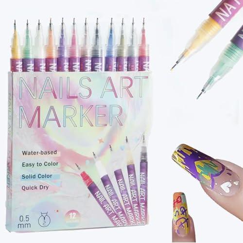 Nail Art Pens Set - 12 Pcs 3D Nail Art Pens for Painting Nails - 0.5mm Fine Tip nail Varnish Pens - nail Point Graffiti Dotting Pen - Quick-drying Waterproof Art Pen