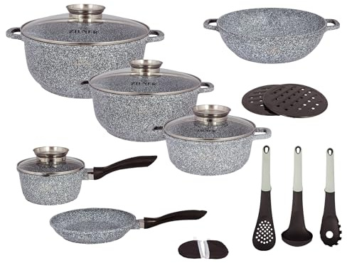 ZILNER Töpfe & Pfannen Set, 17-teilig, Marmor- & Keramikbeschichtung, Grau | Topfset mit Glasdeckeln, für alle Herdarten, Induktion, Aluminium, antihaftend, kratzfest, Kochgeschirr-Set