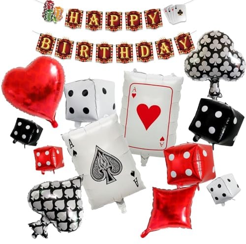 13 Stück Casino Thema Party Dekorationen Set Poker Nacht Geburtstag Banner mit Pik Herz Luftballons Würfelkarten für Las Vegas Events