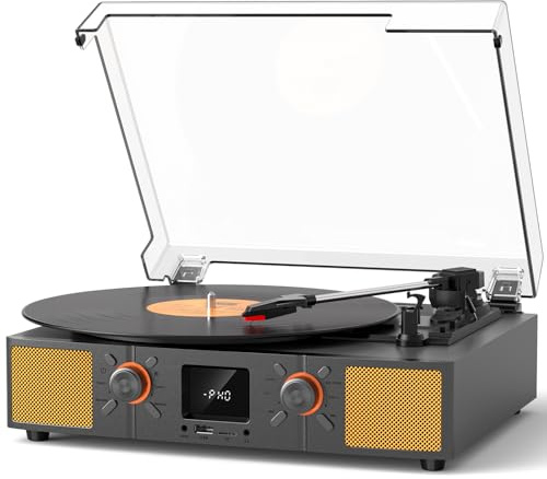 VINYLS LINK Reproductor de discos de vinilo con altavoz, tocadiscos Bluetooth de 3 velocidades con radio FM y pantalla LED, grabación USB, reproducción de tarjetas TF, entrada AUX y salida RCA