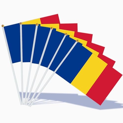 AhfuLife Drapeau Roumanie 21x14 cm – Lot de 30 Mini Drapeaux Roumains avec Mât Blanc 30 cm, Décoration Intérieur/Extérieur pour Coupe du Monde, Fête Nationale du 1er Décembre, Célébration Sportive