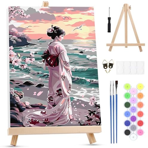 MXJSUA Peinture Numero Enfant Adulte avec Cadre, Femme Japonaise Numéro d'art avec Pinceaux, Loisirs Créatifs Adultes, Activité Manuelle Adulte, 20x30cm