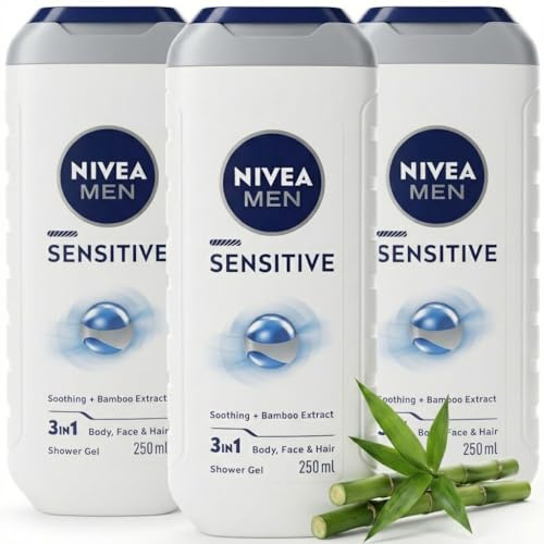 NIVEA MEN Sensitive Shower Gel Pack of 3 x 250ml - Body Wash for Men with Bamboo Extract, 3-in-1 Body Face & Hair, Sensitive Skin Cleanser + Shopcienty Magnet