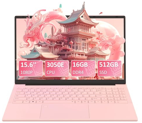 Pryloxen Laptop 15.6 Zoll Rosa, 16GB DDR4 512GB SSD, Dual-Core 3050E (bis zu 2.80 GHz), Notebook Mit Fingerabdrucksensor, Illuminated Keyboard, Doppellautsprecher, HDMI, Laptop für Schüler und Büro