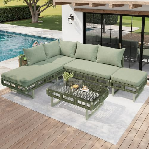 YEHTOKHOME Salon de Jardin Extérieur Modulaire 6 Personnes, Ensemble avec Canapés, Ottoman et Table Basse en Verre Trempé, Résistant aux Intempéries, pour Jardin, Balcon (A-Vert)