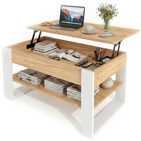 möbelkap Couchtisch mit anhebbarer Platte | Höhenverstellbarer Wohnzimmertisch mit Stauraum | Craft Gold Weiß modern mit Ablage & verstecktem Fach – Coffee Table für Wohnzimmer & Büro