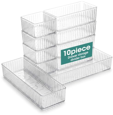Dexpally 10 Pack Clear Drawer Organiser 4 Size Makeup Organizer Trays Bedroom Transparent Vanity Desk Drawer Organiser for Storage Bins for Vanity, Bathroom, Desk, Office, Bedroom, Utensil