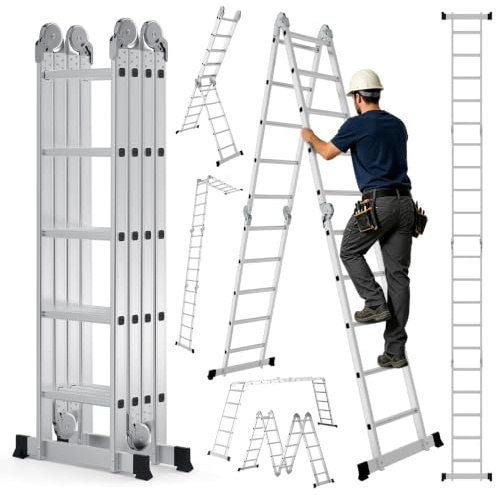 Ansobea 4x5 Aluminium Mehrzweckleiter, 20 Sprossen, 5,8 m | Aluleiter Bis 150 kg belastbar: klappbar als Anlegeleiter, Stehleiter und Treppenleiter für Haus, Garten und Werkstatt