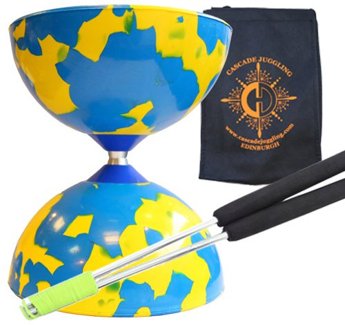 Blue & Yellow Jester Diabolo with Aluminium 'Metal' Sticks and Carry Bag - Rubber Diablo Set