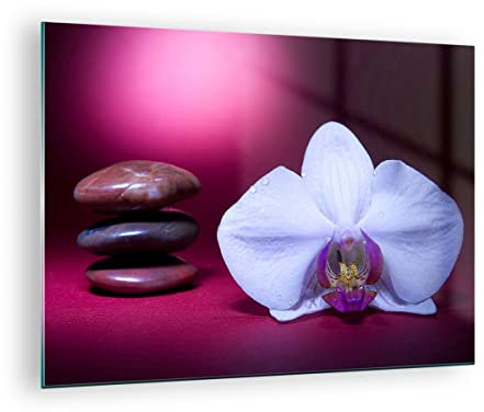 ARTTOR Bilder auf Glas Spa braune Steine weiße Orchidee Glasbild 70x50cm Wandbilder Dekoration Wohnzimmer Schlafzimmer Küche Deko Klein Wanddeko Bild im Glas Wand Kunstdruck Art Modern GAA70x50-0425