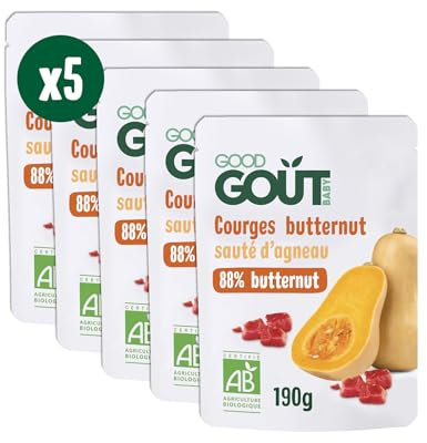 GOOD GOÛT - Courges Butternut Sauté D'Agneau - Plat Cuisiné Pour Bébé - Dès 6 Mois - Purée Lisse - Fabriqué En France - Sachets Micro-Ondables - 5x190g