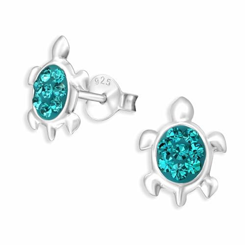 Monkimau Mädchen Ohrringe Schildkröte Ohrstecker aus 925 Sterling Silver echt Silber mit 16 Kristallen (blau)