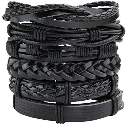 MILAKOO 6 Stück schwarz geflochtenes Lederarmband für Männer Frauen Manschette Perlen Armband einstellbar