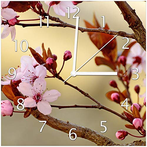 Wallario Design-Wanduhr Frühlingsgefühle I - Kirschblüten in Nahaufnahme aus Glas, Motiv-Uhr Größe 30 x 30 cm, weiße Zeiger