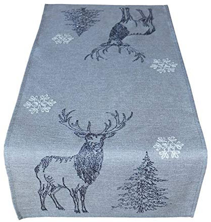 Raebel Tischläufer 40 x 85 cm Stickerei Elch Bäume Schneesterne grau weiß Silber Mitteldecke Weihnachten Deko Weihnachtstischdecke