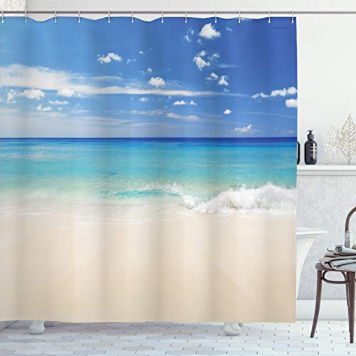 ABAKUHAUS Tropisch Duschvorhang, Shore Meer mit Wellen, Stoffliches Gewebe Badezimmerdekorationsset mit Haken, 175 x 220 cm, Creme Türkis Weiß