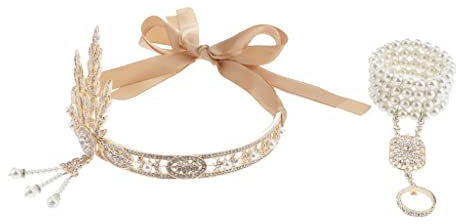 P Prettyia 20er Jahre Haarband, Strass Perlen Gatsby Stirnband, Armband, Vintage Kopfband Gatsby, Damen Retro Kopfschmuck Kostüm - Gold