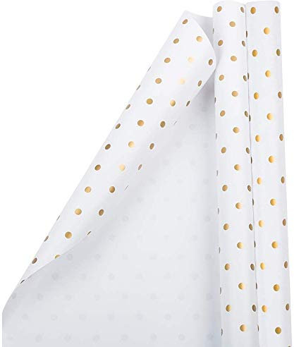 JAM PAPER Geschenkpapier - Gepunktetes Geschenkpapier - 2,3 m² pro Rolle - Weiss mit Goldfolien - Punkten - 2/Packung