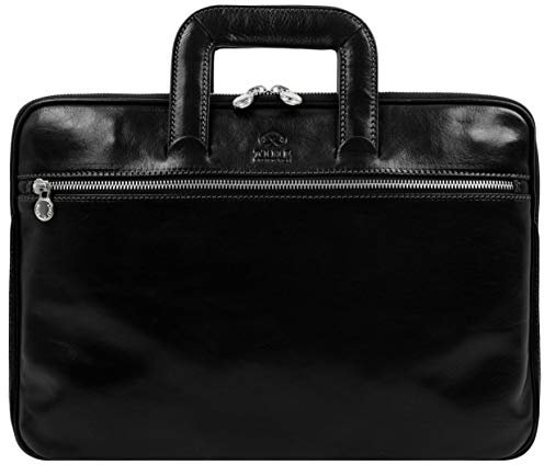 Time Resistance Schlanke Aktentasche aus Leder – Handgefertigte Italienische Computertasche aus Leder – Laptoptasche (Schwarz)