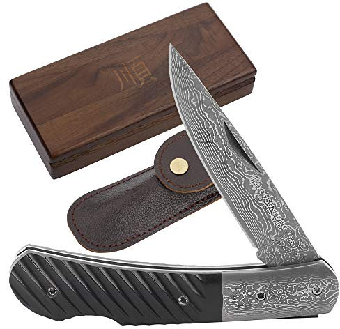 YOUSUNLONG Coltello Tascabile 175 mm - Lama in Acciaio Giapponese Damasco - Coltello Pieghevole Adatto al Campeggio e alla Caccia - Manico in Corno di Bufalo Naturale con Fodero in Pelle