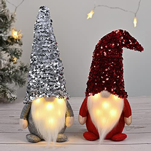 D-FantiX 2Pack Pailletten Weihnachtswichtel Plüsch mit LED-Beleuchtung Bart, handgefertigte schwedische Tomte Santa skandinavischen Figur Nordic Plüsch Elf Puppe Gnome Ornamente Weihnachtsdekorationen