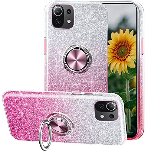 IBEX Compatible avec la Coque XiaoMi Mi 11 Lite,Étui de téléphone étincelant 3 en 1,Anneau Rotatif à 360° pour Supports de Voiture magnétiques, Convient à la Coque XiaoMi Mi 11 Lite-Rose