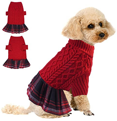 PUMYPOREITY Hundepullover Weihnachten, Rollkragen Strickpullover Hund Kleidung Winter Warm Hund Prinzessin Kleid Hundepullover Sweater für Kleine Hunde (Rot, L)